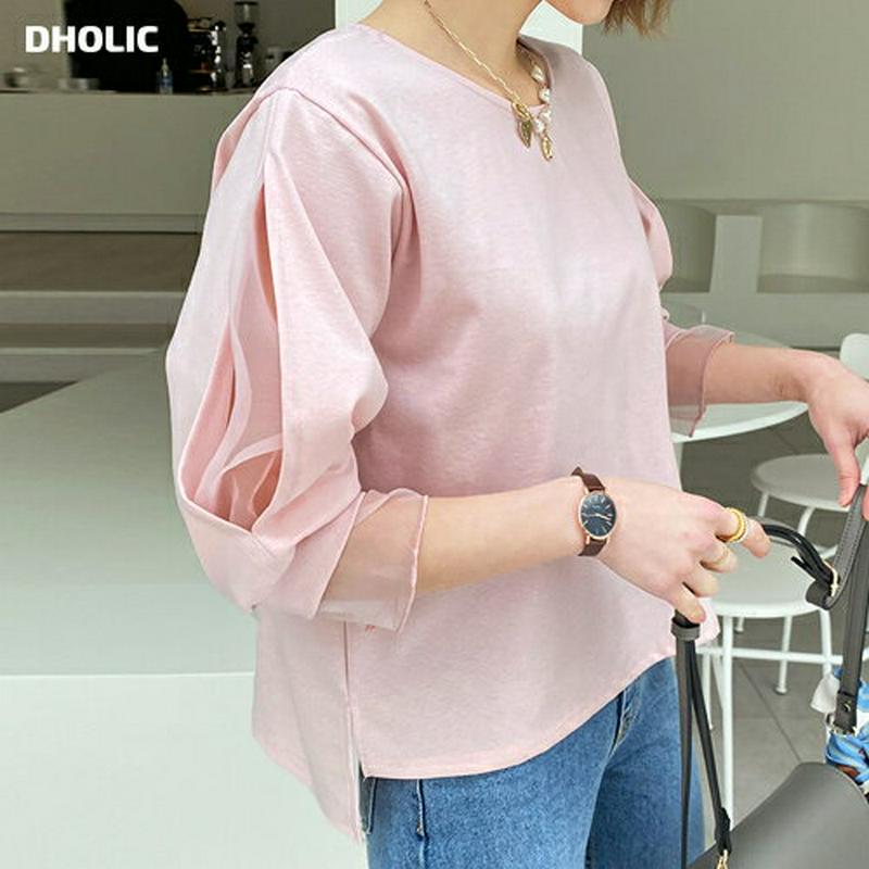 メッシュパフTシャツ・全3色・t55897 レディース 【tops】【トップス Tシャツ 七分丈 七分袖 7分丈 7分袖 シフォ