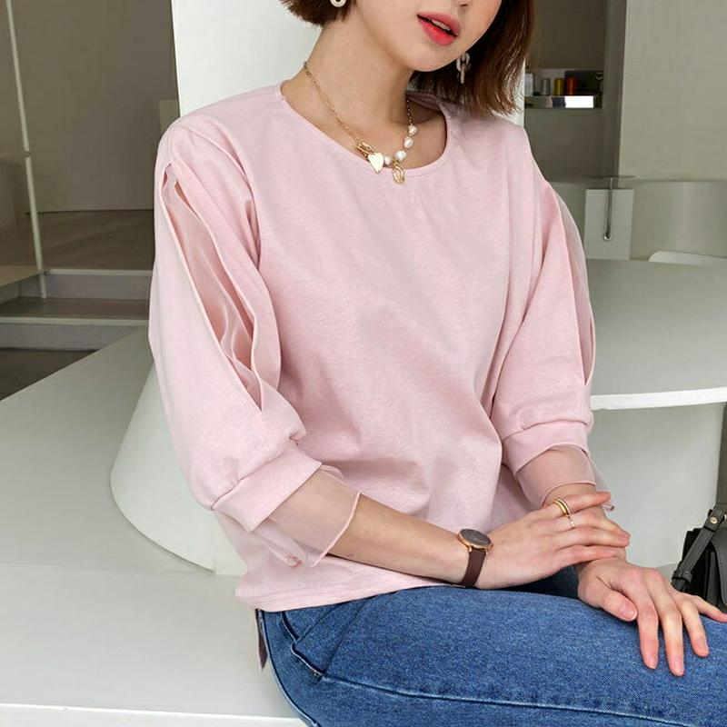 メッシュパフTシャツ・全3色・t55897 レディース 【tops】【トップス Tシャツ 七分丈 七分袖 7分丈 7分袖 シフォ