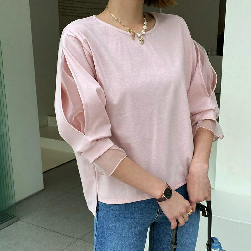メッシュパフTシャツ・全3色・t55897 レディース 【tops】【トップス Tシャツ 七分丈 七分袖 7分丈 7分袖 シフォ