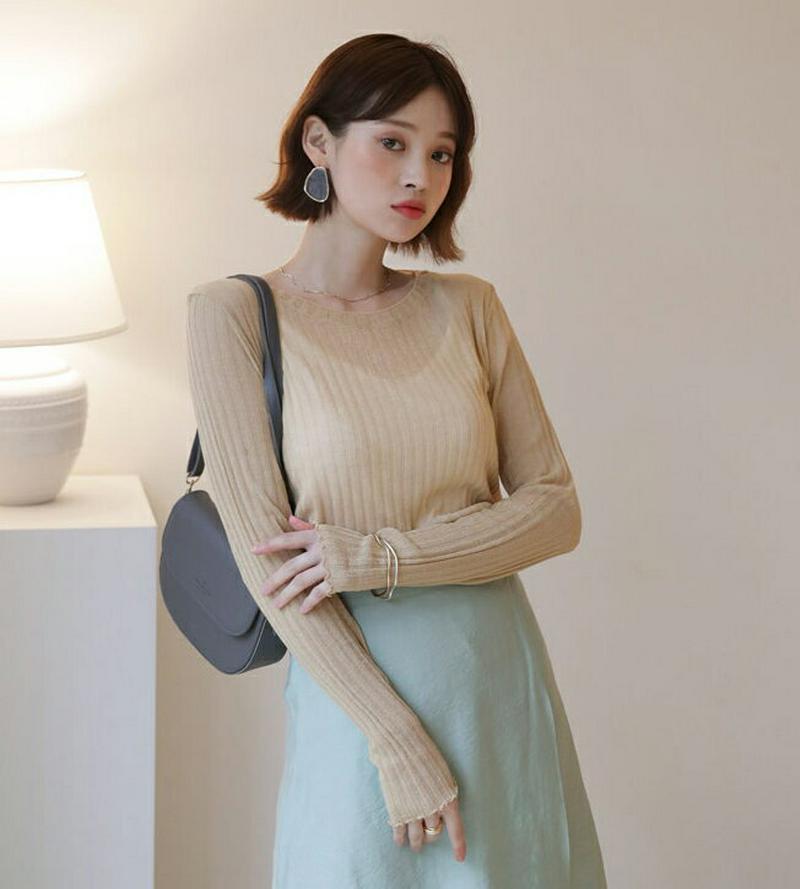 シアーリブTシャツ・全5色・b55898 レディース 【tops】【トップス Tシャツ 長袖 透け感 シアー リブ リブトップス