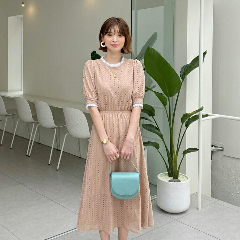 パンチングワンピース・全3色・t55909 レディース 【ops】【ワンピース ロングワンピース ロング 半袖 ハーフスリーブ 