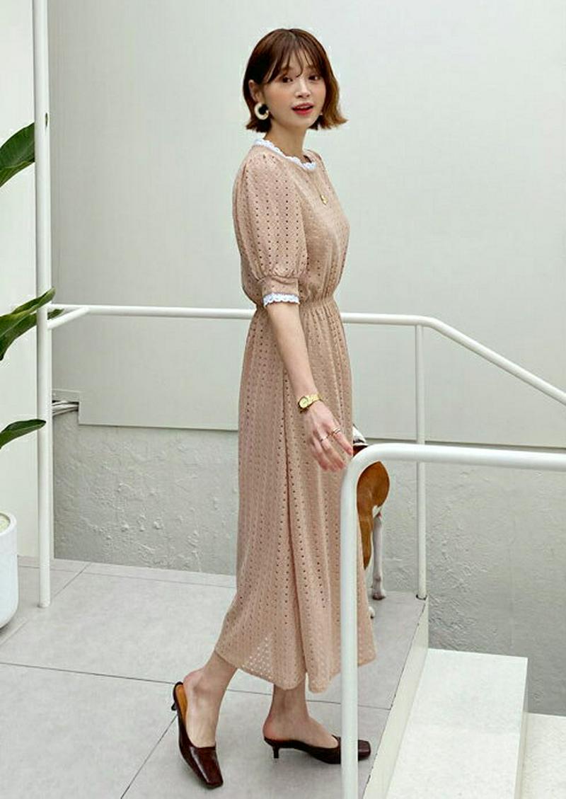 パンチングワンピース・全3色・t55909 レディース 【ops】【ワンピース ロングワンピース ロング 半袖 ハーフスリーブ 