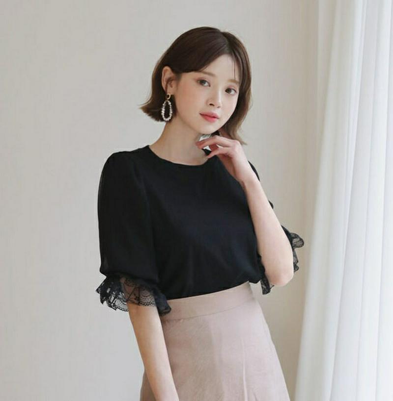 レースヘムパフTシャツ・全2色・b55441 レディース 【tops】【トップス Tシャツ パフ パフスリーブ レース 袖コンシ