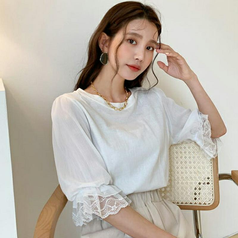 レースヘムパフTシャツ・全2色・b55441 レディース 【tops】【トップス Tシャツ パフ パフスリーブ レース 袖コンシ