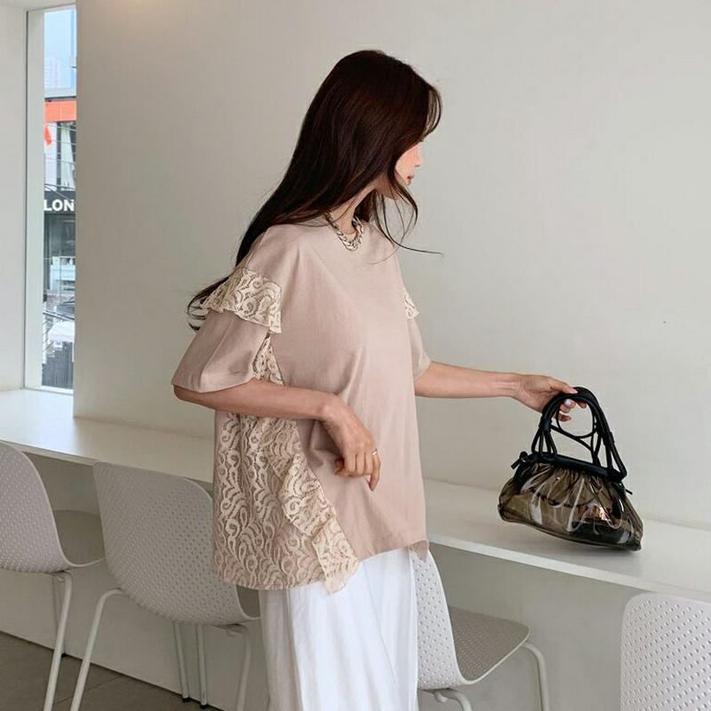レースフリルTシャツ・全3色・b55901 レディース 【tops】【トップス Tシャツ 半袖 ハーフスリーブ レース 袖コンシ