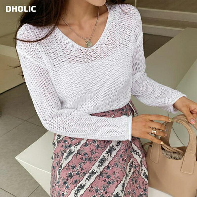 Vネックロールへムニット・全3色・b55903 レディース 【tops】【トップス ニット ニットトップス 長袖 Vネック ロー