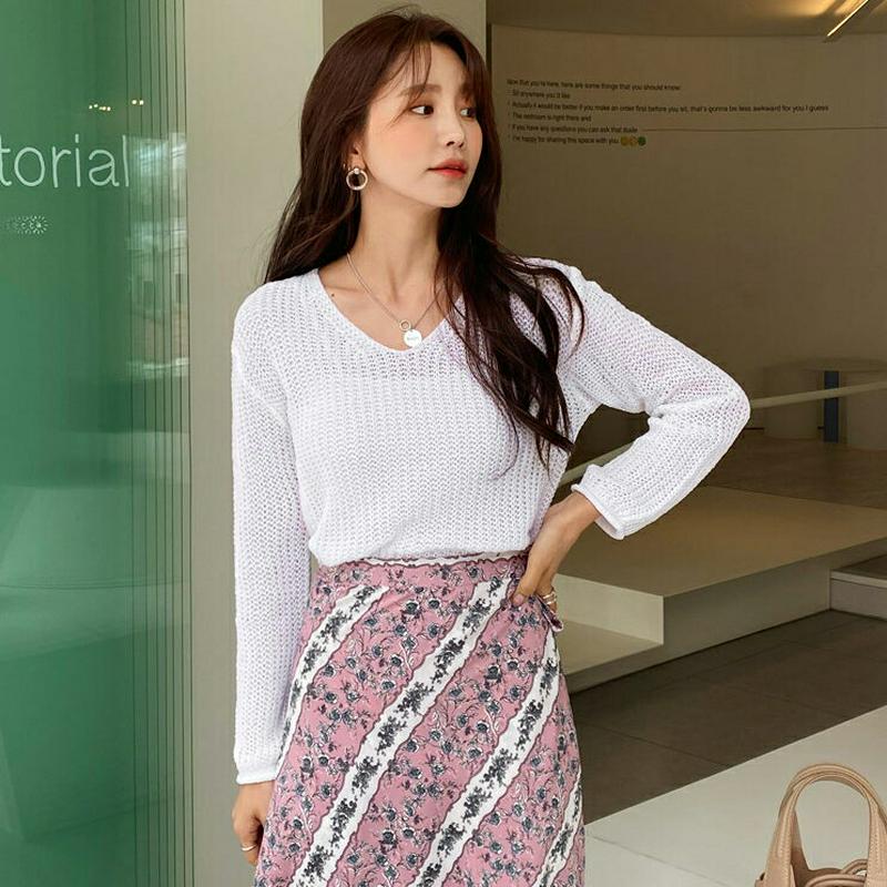 Vネックロールへムニット・全3色・b55903 レディース 【tops】【トップス ニット ニットトップス 長袖 Vネック ロー