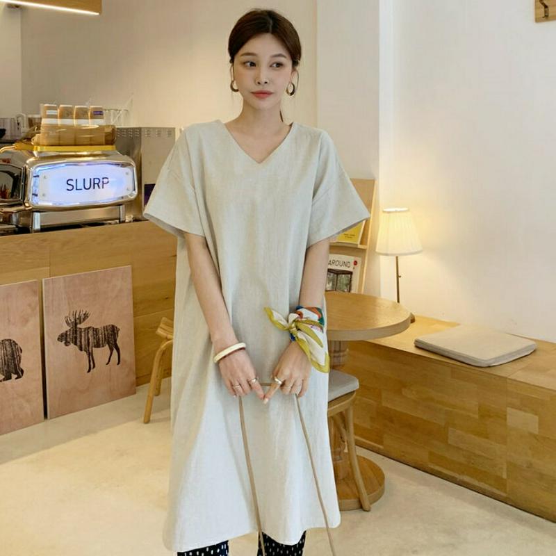 リネン混Vネックワンピース・全5色・b61943 レディース【ops】【ワンピース ロング ロングワンピース 半袖 リネン Vネ