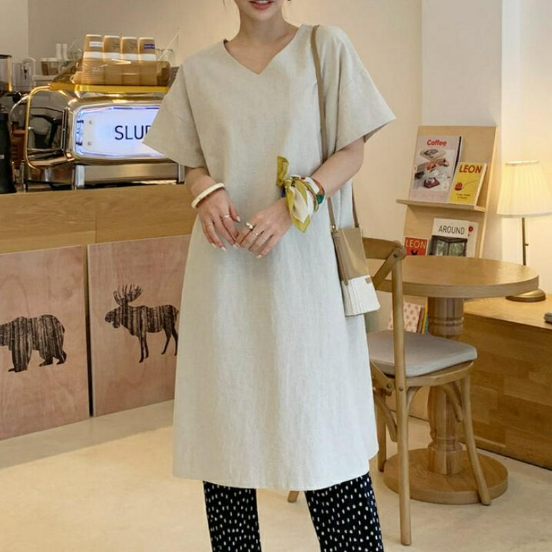 リネン混Vネックワンピース・全5色・b61943 レディース【ops】【ワンピース ロング ロングワンピース 半袖 リネン Vネ