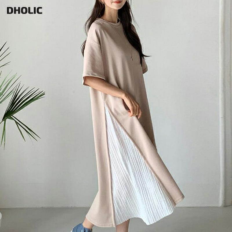 ≪人気商品再入荷≫サイドプリーツ配色ワンピース・全3色・b59007 レディース 【ops】 韓国 ファッション ワンピース ロング ロングワンピース 半袖 ハーフスリーブ プリーツ プリーツワンピース 配色 カジュアル 大人 ゆったり 春 夏