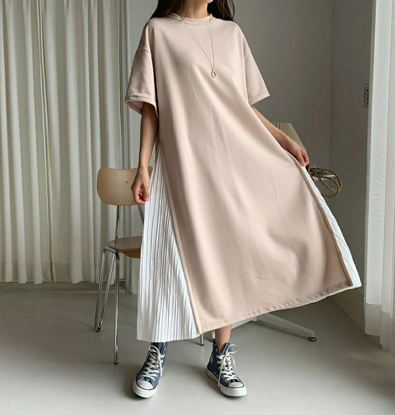 ≪人気商品再入荷≫サイドプリーツ配色ワンピース・全3色・b59007 レディース 【ops】 韓国 ファッション ワンピース ロング ロングワンピース 半袖 ハーフスリーブ プリーツ プリーツワンピース 配色 カジュアル 大人 ゆったり 春 夏