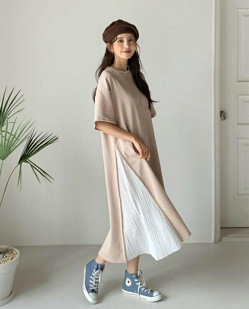 ≪人気商品再入荷≫サイドプリーツ配色ワンピース・全3色・b59007 レディース 【ops】 韓国 ファッション ワンピース ロング ロングワンピース 半袖 ハーフスリーブ プリーツ プリーツワンピース 配色 カジュアル 大人 ゆったり 春 夏