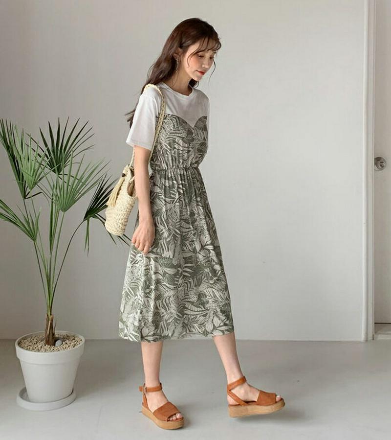 ボタニカル配色ワンピース・全3色・b59088 レディース 【ops】【ワンピース ミディ丈 ミディワンピース ボタニカル カジ