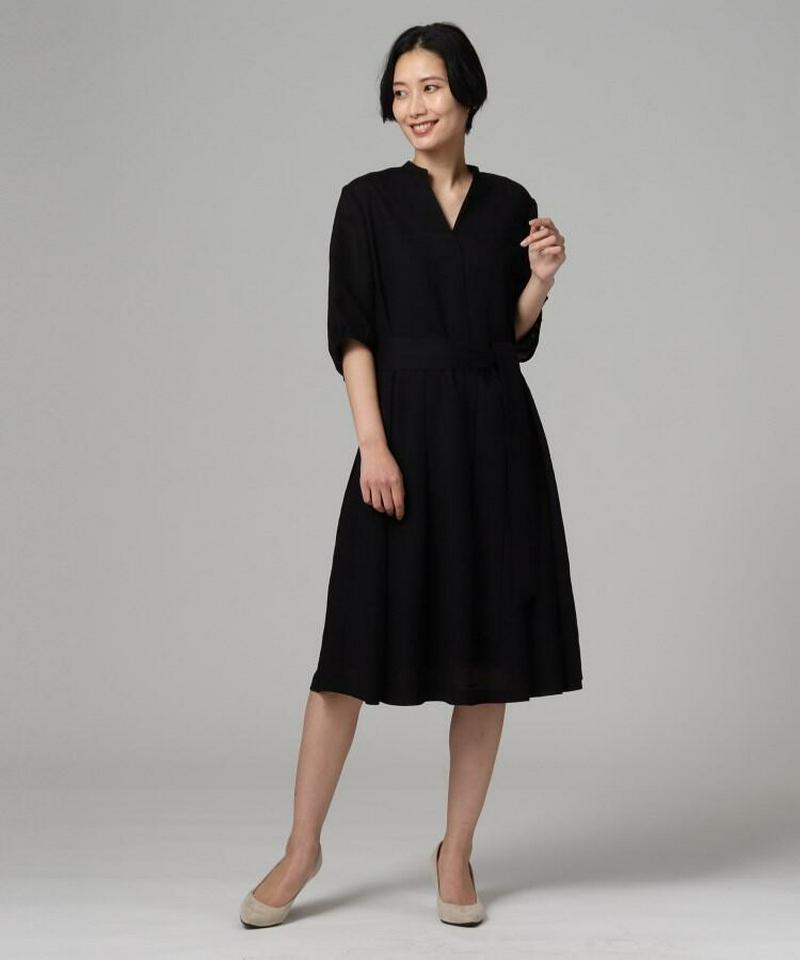 【洗える】リネン調リボン付きワンピース