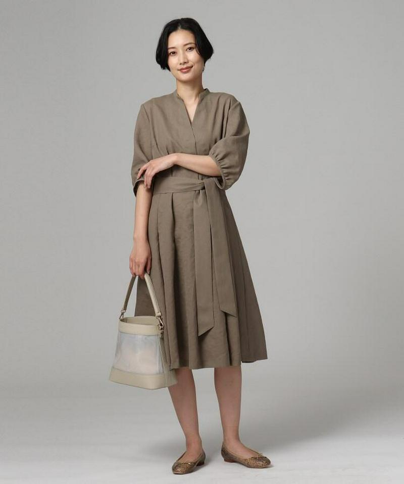 【洗える】リネン調リボン付きワンピース