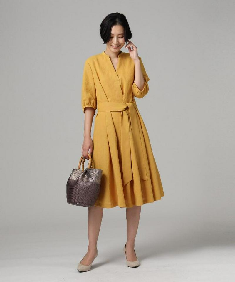 【洗える】リネン調リボン付きワンピース