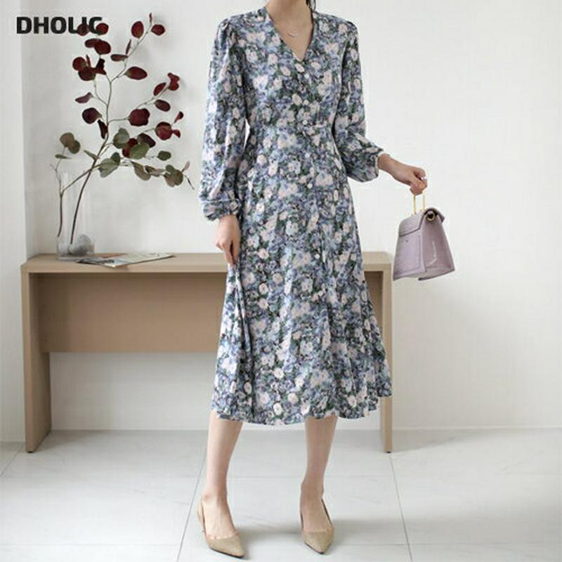 リボン花柄ボタンワンピース・全2色・b61886 レディース【ops】【ワンピース ミディ丈 ミディワンピース 花柄 フラワー 