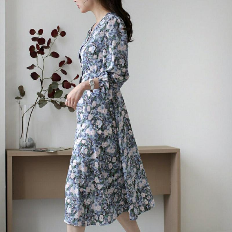 リボン花柄ボタンワンピース・全2色・b61886 レディース【ops】【ワンピース ミディ丈 ミディワンピース 花柄 フラワー 