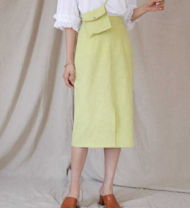 ポーチ付リネンスカート・全5色・b55866 レディース 【sk】【スカート ミディ丈 ミディスカート リネン 単色 無地 シン