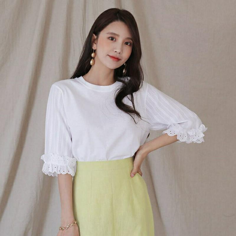 アイレットレーススリーブTシャツ・全3色・b55865 レディース 【tops】【トップス Tシャツ 七分丈 七分袖 7分袖 ア