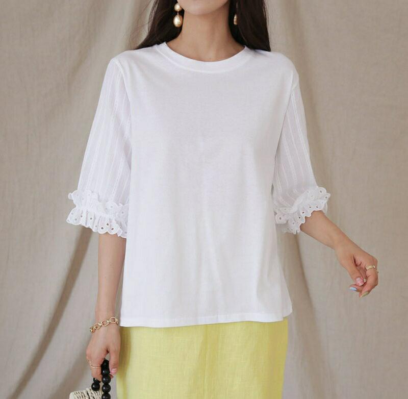 アイレットレーススリーブTシャツ・全3色・b55865 レディース 【tops】【トップス Tシャツ 七分丈 七分袖 7分袖 ア