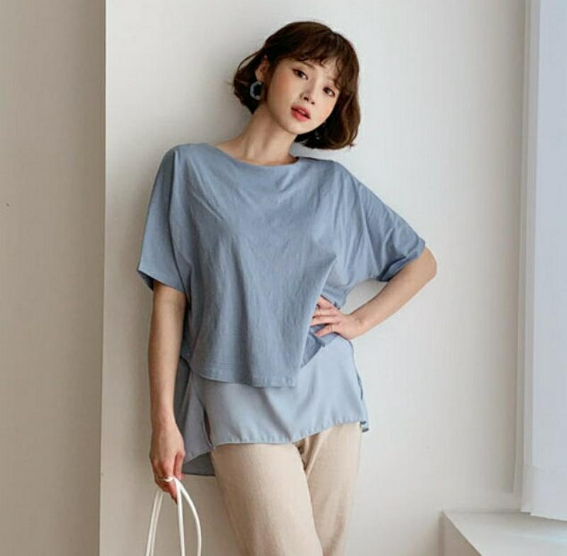 コントラストアンバランスTシャツ・全5色・b55861 レディース 【tops】【トップス Tシャツ 半袖　ハーフスリーブ スリ