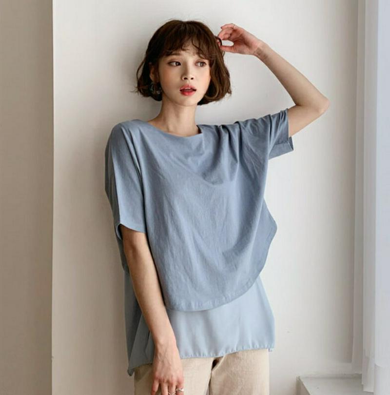 コントラストアンバランスTシャツ・全5色・b55861 レディース 【tops】【トップス Tシャツ 半袖　ハーフスリーブ スリ