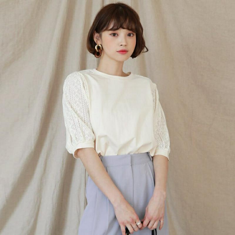 2WAYレースポイントTシャツ・全3色・b55851 レディース 【tops】【トップス Tシャツ 半袖　ハーフスリーブ レース