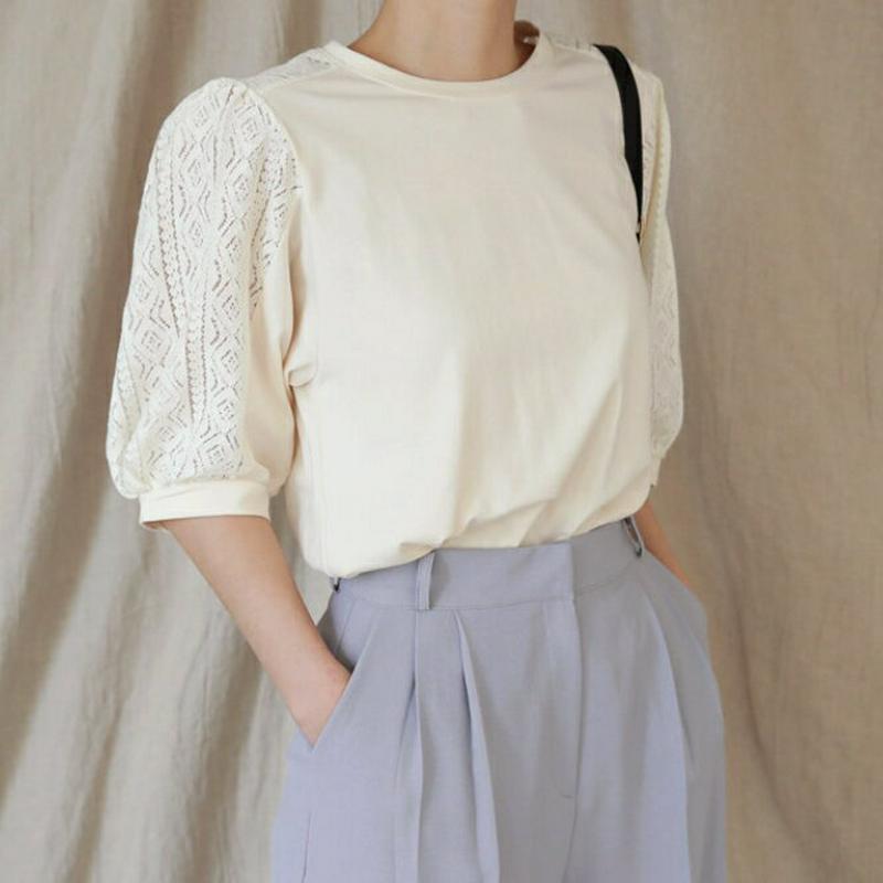 2WAYレースポイントTシャツ・全3色・b55851 レディース 【tops】【トップス Tシャツ 半袖　ハーフスリーブ レース