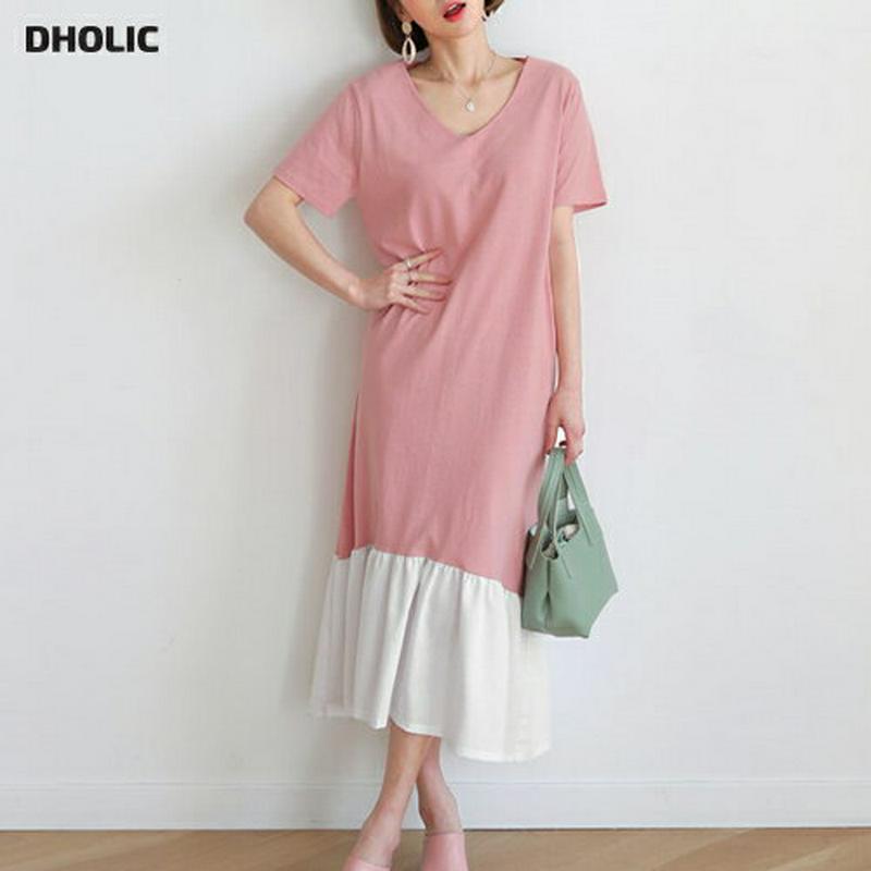 Vネック配色ヘムワンピース・全4色・b55886 レディース 【ops】【ワンピース ロング ロングワンピース 半袖 ハーフスリ