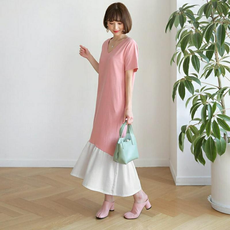 Vネック配色ヘムワンピース・全4色・b55886 レディース 【ops】【ワンピース ロング ロングワンピース 半袖 ハーフスリ