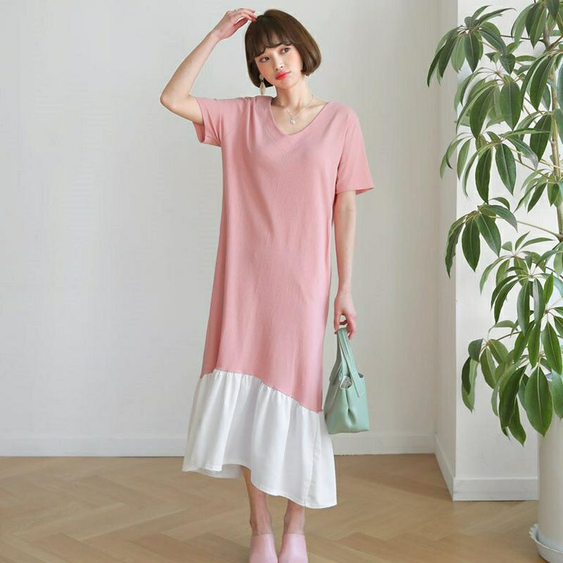 Vネック配色ヘムワンピース・全4色・b55886 レディース 【ops】【ワンピース ロング ロングワンピース 半袖 ハーフスリ