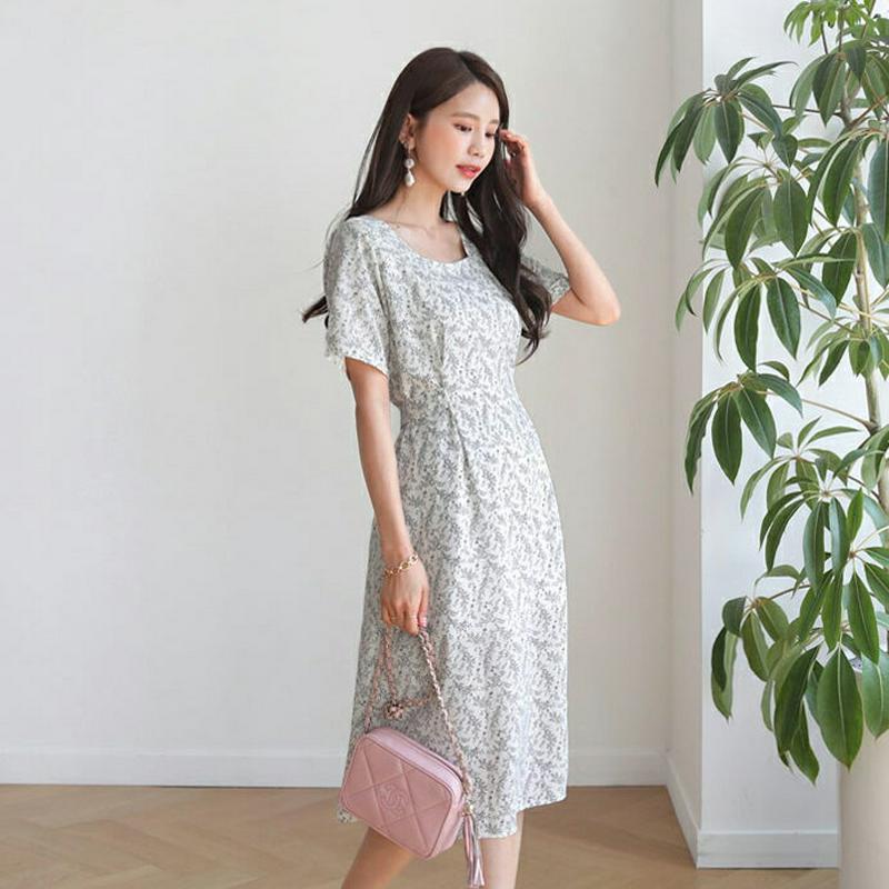 スクエアリボン花柄ワンピース・全3色・t55852 レディース 【ops】【ワンピース ミディ丈 ミディワンピース 半袖 ハーフ