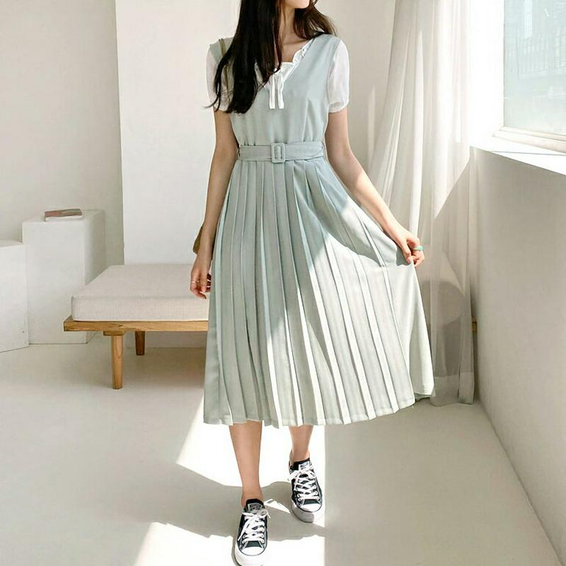 ベルト付Vネックプリーツワンピース・全3色・t55420 レディース 【ops】【ワンピース ロング ロングワンピース プリーツ