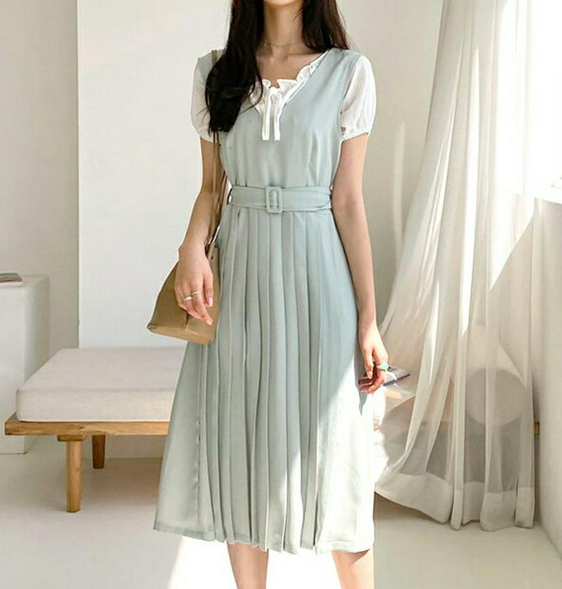 ベルト付Vネックプリーツワンピース・全3色・t55420 レディース 【ops】【ワンピース ロング ロングワンピース プリーツ