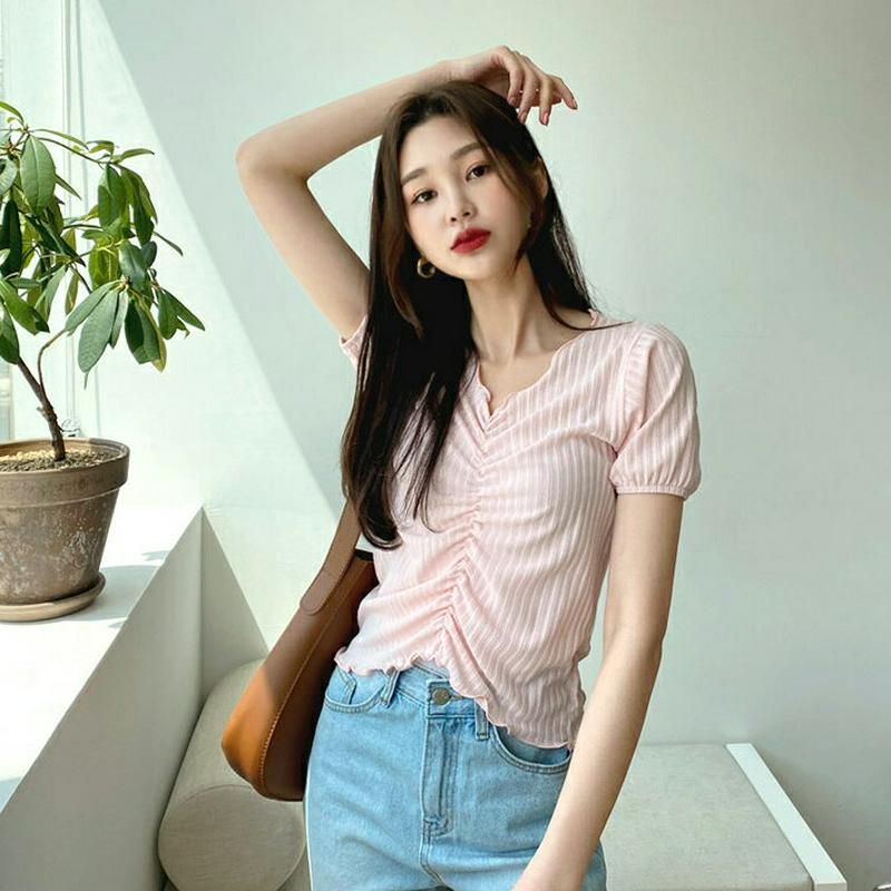 ウェーブギャザーTシャツ・全4色・t55407 レディース 【tops】【トップス Tシャツ 半袖 ギャザー ウェーブ ストライ