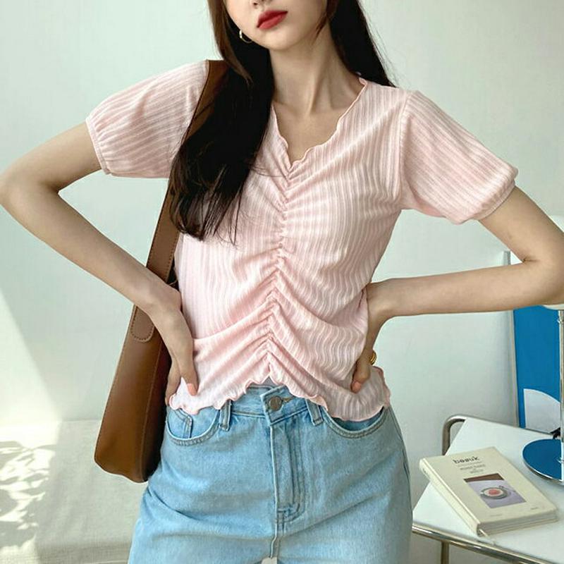 ウェーブギャザーTシャツ・全4色・t55407 レディース 【tops】【トップス Tシャツ 半袖 ギャザー ウェーブ ストライ