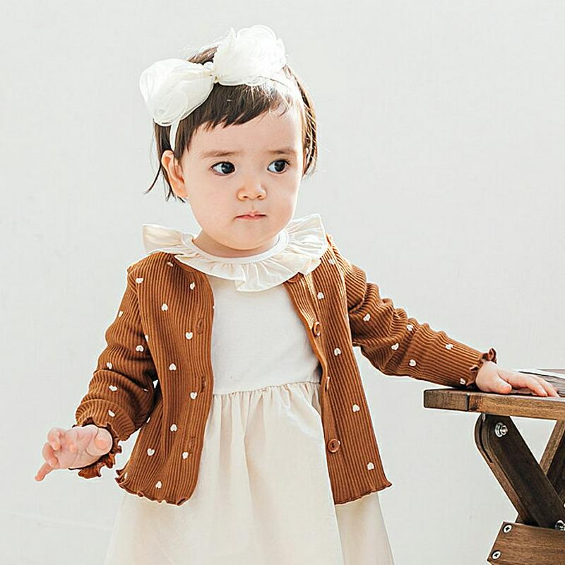ハート柄リブカーディガン(キャメル)・p001474 キッズ【0~2才】【cd】【カーディガン カーデ 羽織物 リブ 長袖 ハート 総柄 可愛い かわいい ガーリー 女の子 子供 こども 子供服 こども服】【KIDS】