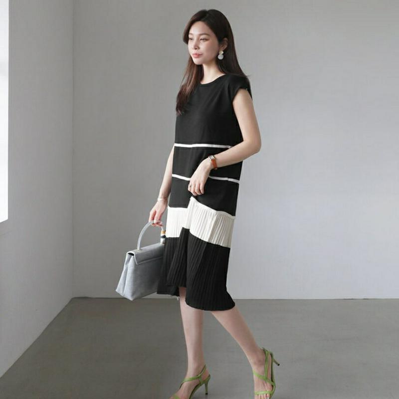 プリーツヘム配色ワンピース・全2色・b61928 レディース【ops】【ワンピース ミディ丈 ミディワンピース スリーブレス ノ