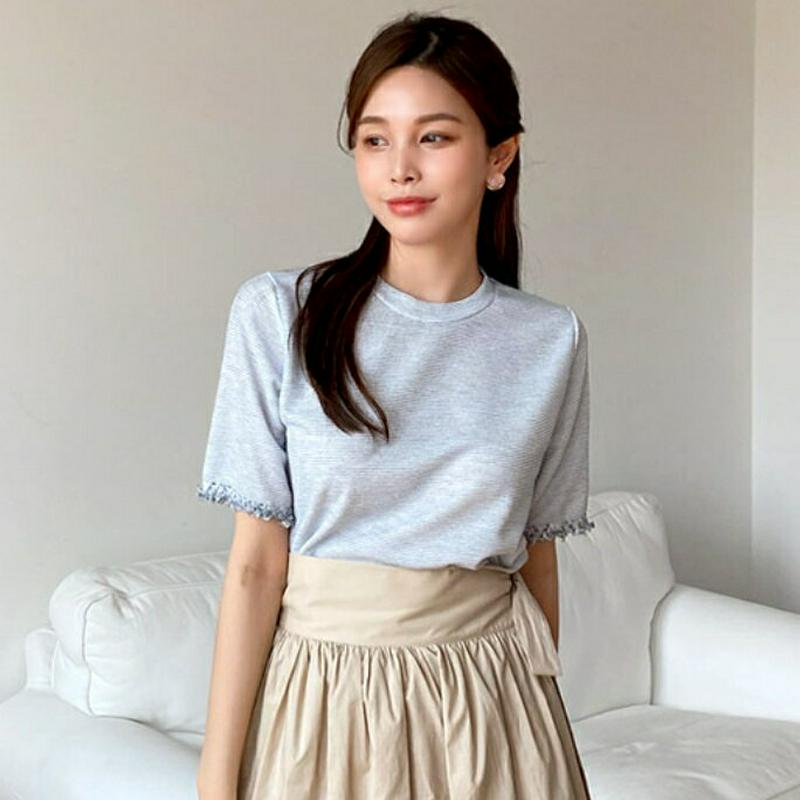 ツイードヘムボーダーTシャツ・全2色・t61918 レディース【tops】【トップス Tシャツ 半袖 ハーフスリーブ ボーダー 