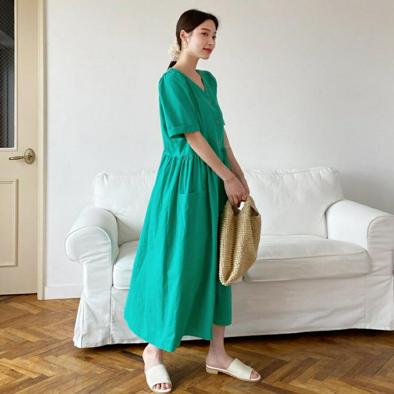 ボタンギャザーワンピース・全3色・t61930 レディース【ops】【ワンピース ロング ロングワンピース 半袖 ハーフスリーブ