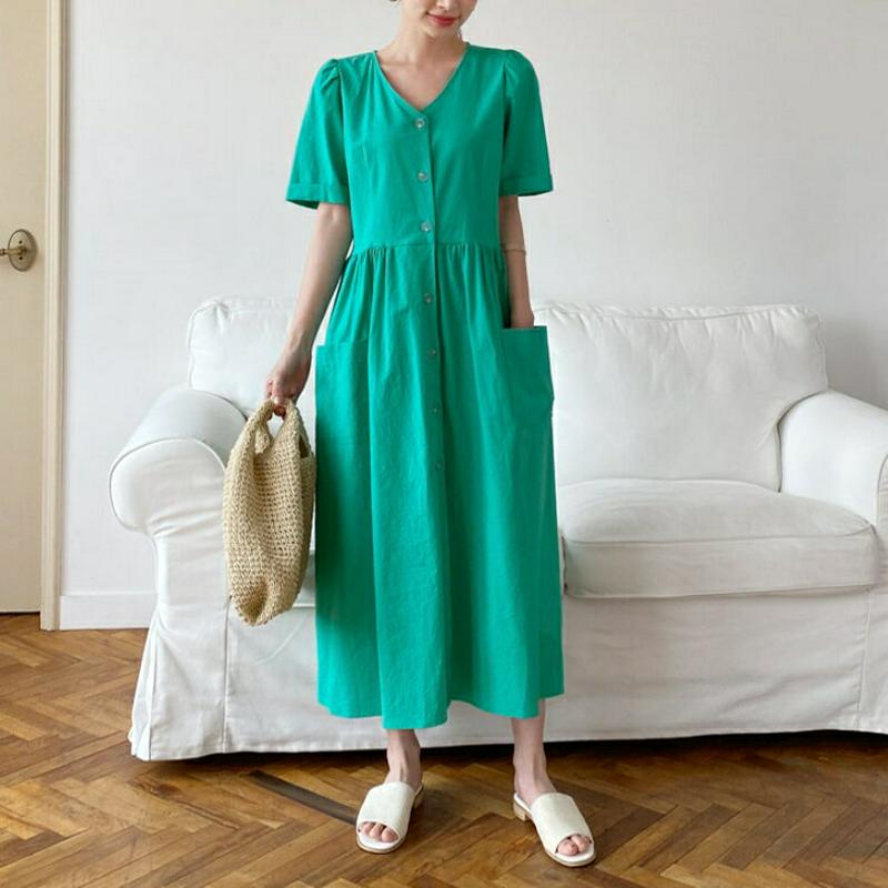 ボタンギャザーワンピース・全3色・t61930 レディース【ops】【ワンピース ロング ロングワンピース 半袖 ハーフスリーブ