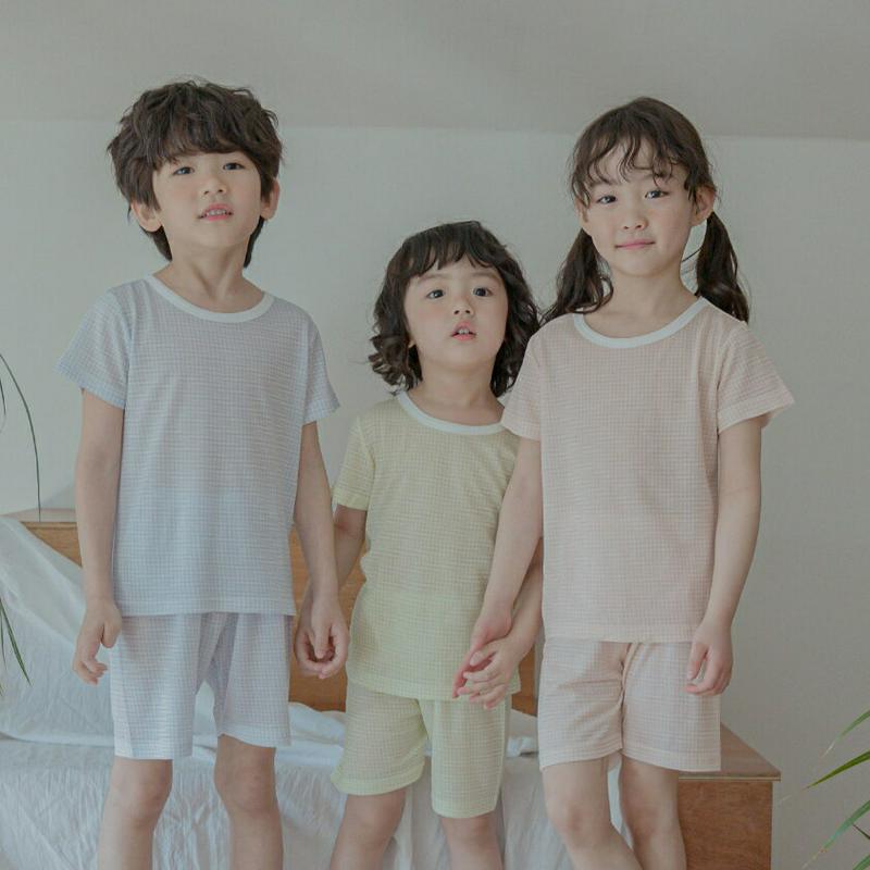 クールタッチチェックパジャマSET(オレンジ)・p001417 キッズ【3~8才】【uw】【パジャマ　部屋着 ルームウェア 半袖