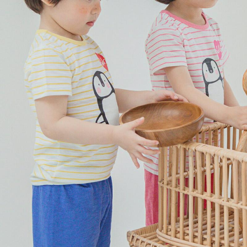 penguinボーダーパジャマSET(イエロー)・p001433 キッズ【3~8才】【uw】【パジャマ 部屋着 ルームウェア 半