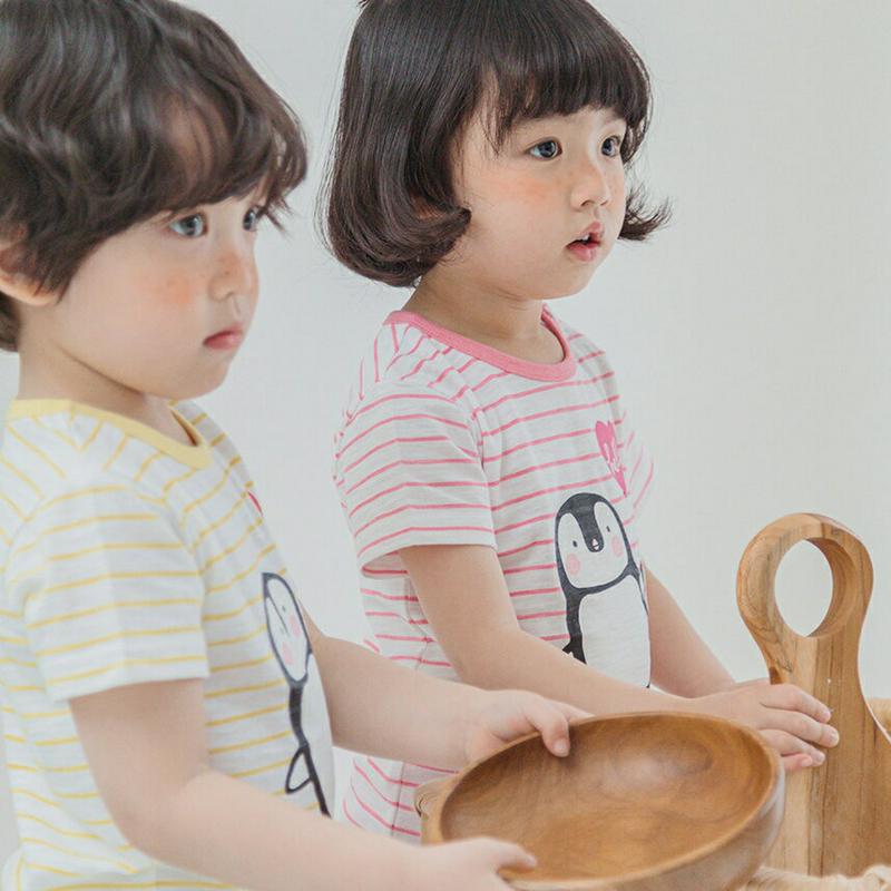 penguinボーダーパジャマSET(ピンク)・p001432 キッズ【3~8才】【uw】【パジャマ 部屋着 ルームウェア 半袖