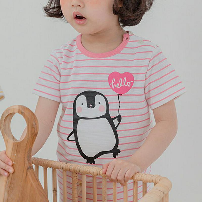 penguinボーダーパジャマSET(ピンク)・p001432 キッズ【3~8才】【uw】【パジャマ 部屋着 ルームウェア 半袖