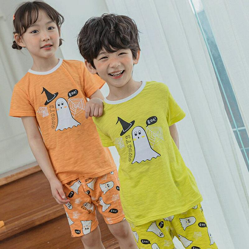 ゴーストパジャマSET(ライム)・p001434 キッズ【3~8才】【uw】【パジャマ 部屋着 ルームウェア 幽霊 ゴースト 半袖 ハーフスリーブ 半ズボン ハーフパンツ ズボン ボトムス カジュアル ラフ 女の子 男の子 子供 こども 子供服 こども服】【KIDS】