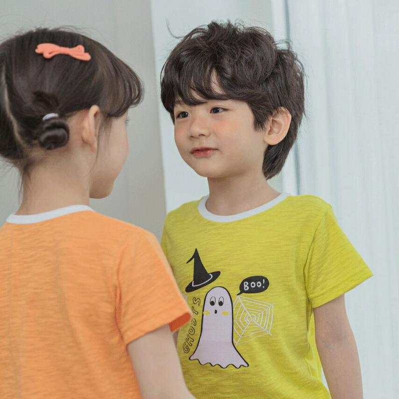 ゴーストパジャマSET(ライム)・p001434 キッズ【3~8才】【uw】【パジャマ 部屋着 ルームウェア 幽霊 ゴースト 半袖 ハーフスリーブ 半ズボン ハーフパンツ ズボン ボトムス カジュアル ラフ 女の子 男の子 子供 こども 子供服 こども服】【KIDS】