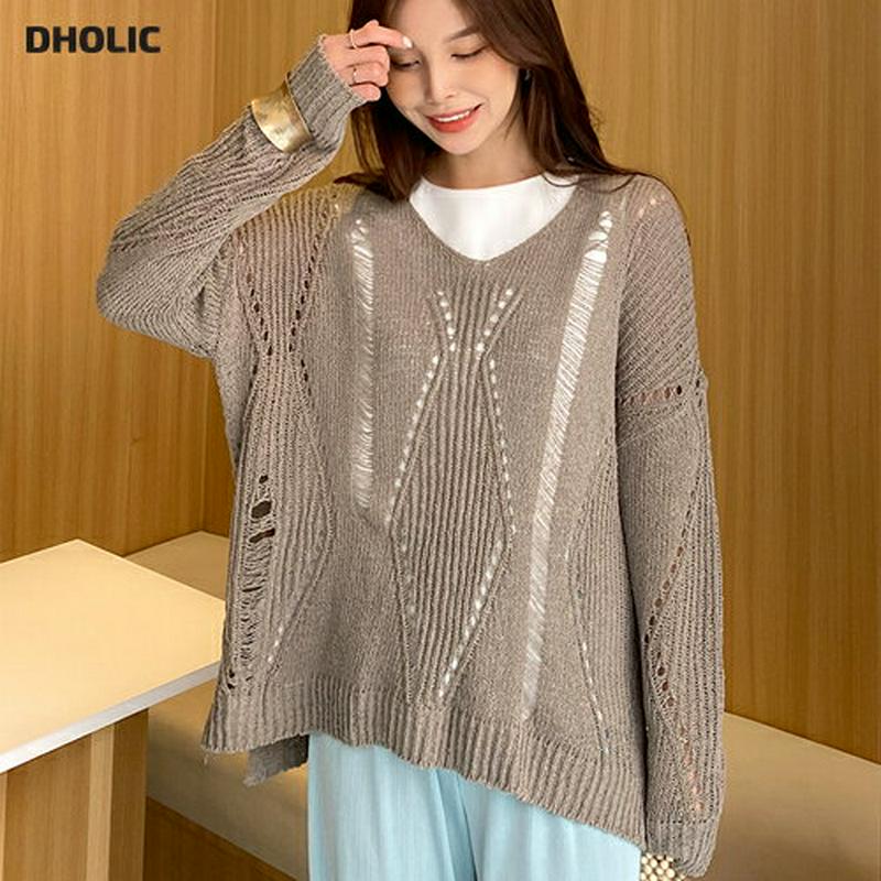 Vネックパンチングニット・全5色・t61806 レディース【tops】【トップス ニット ニットトップス 長袖 透け感 パンチン