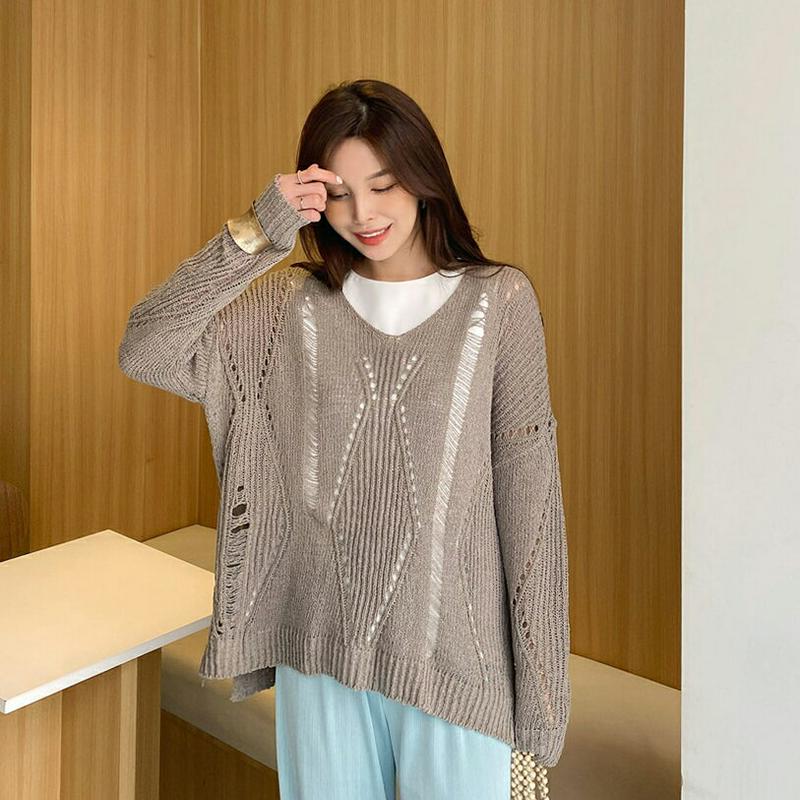 Vネックパンチングニット・全5色・t61806 レディース【tops】【トップス ニット ニットトップス 長袖 透け感 パンチン